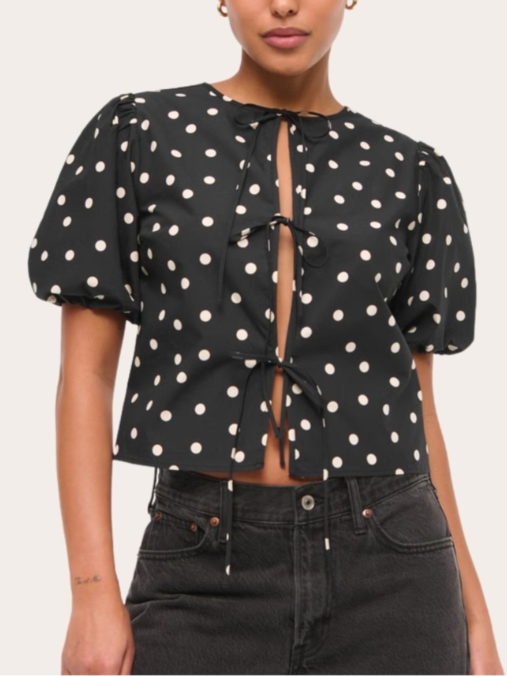 Abercrombie & Fitch Black Polka Dot Tie-Front Puff Sleeve Top SZ M